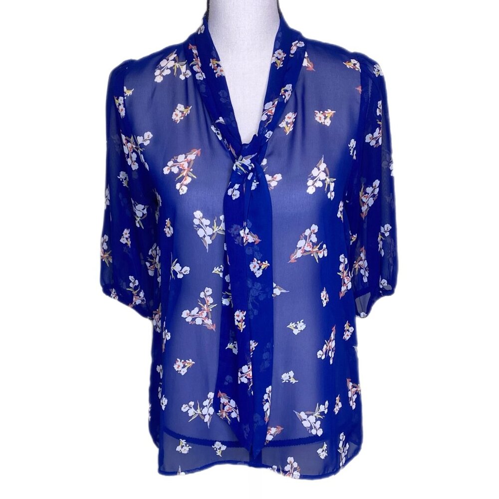 Everly Women's Navy 3/4 Sleeve Patterned Blouse w/Front Tie at Neckline Size XS